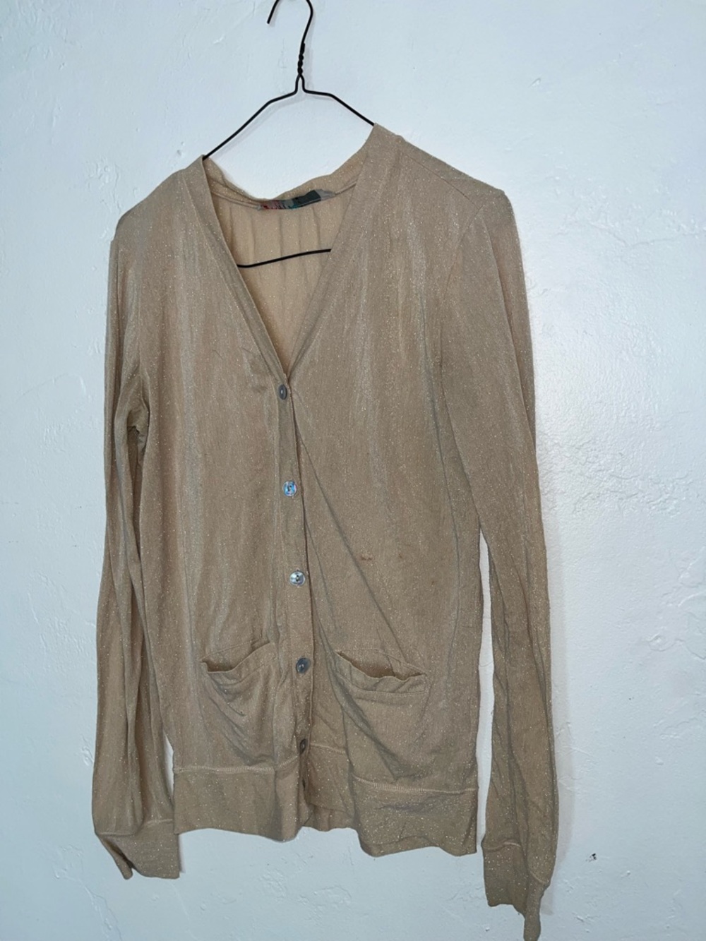 FP Beach Shimmer Gold Cardigan Sheer Lightweight Button Up Sweater Oversized S